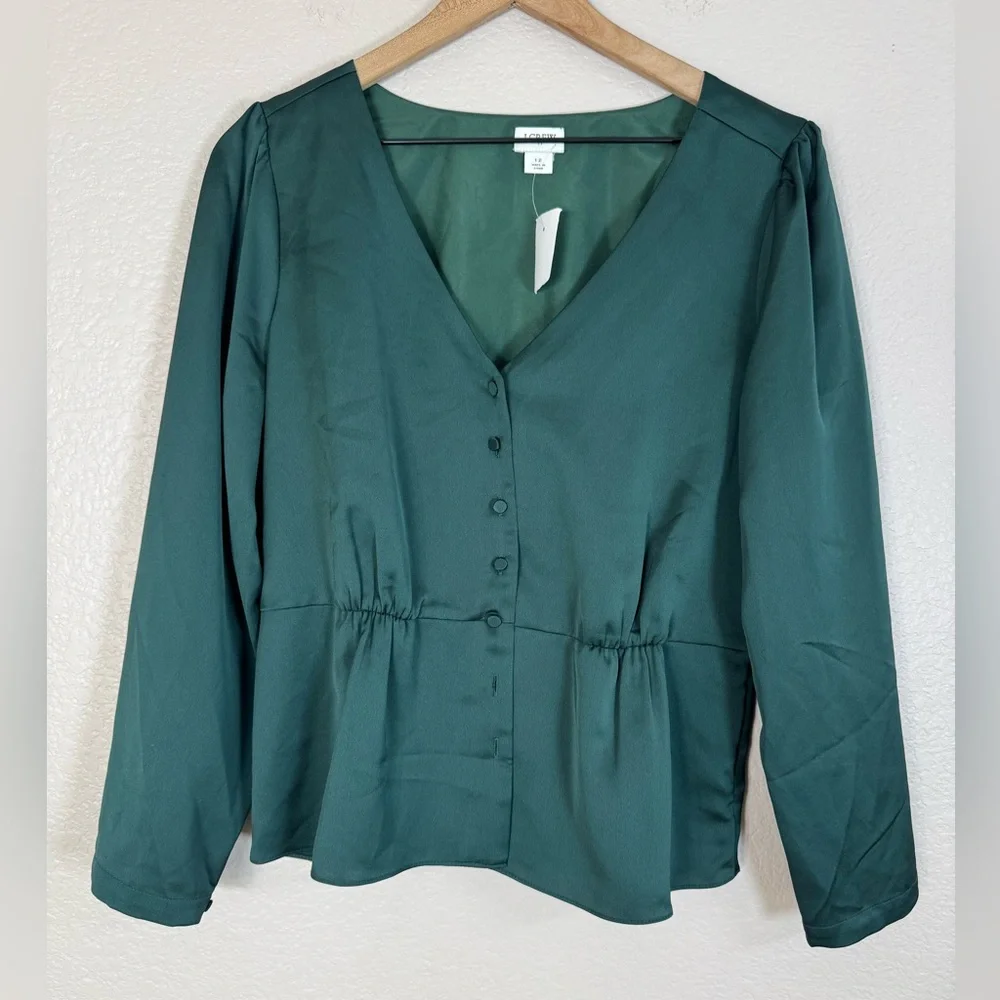 J Crew Green Long Sleeve Peplum Button Front Satin Crepe Blouse Top size 12 - Picture 3 of 8